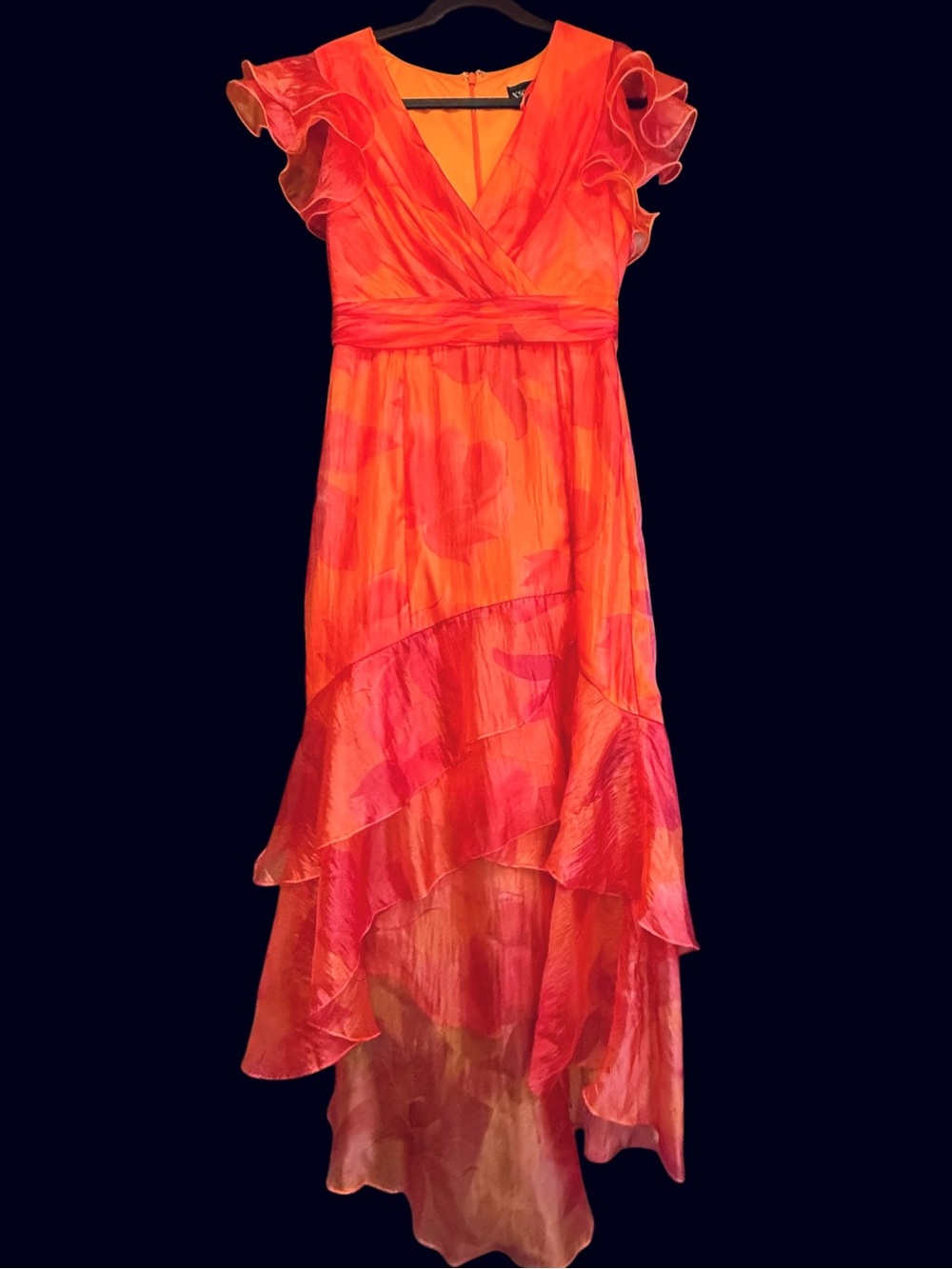 Xscape Organza Floral V-Neck Short Sleeve Ruffle A-Line Midi Dress Pink Orange - Picture 5 of 7